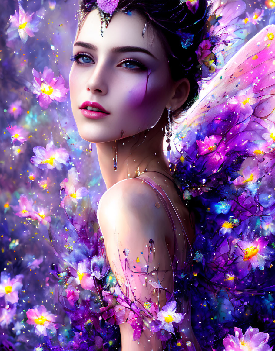 Violet butterfly-winged woman surrounded by vibrant flowers