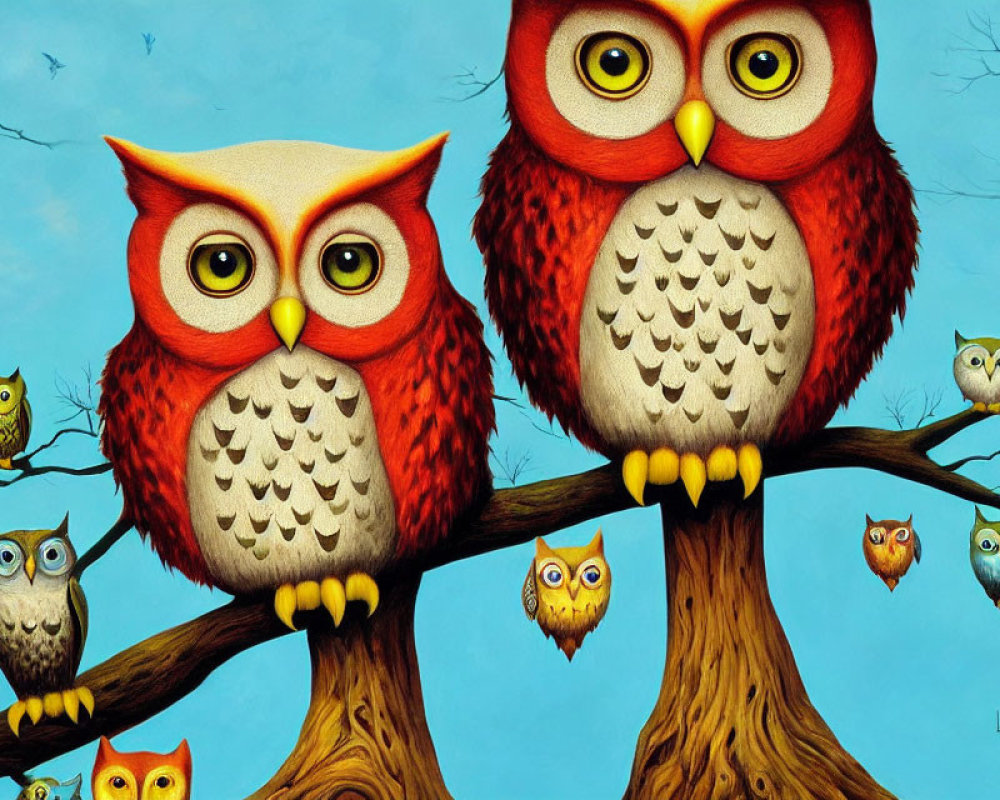 Vibrant family of owls on tree branches under blue sky