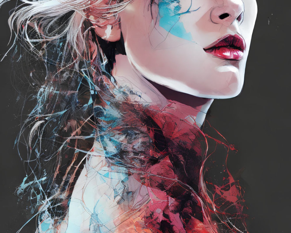 Colorful brush strokes portrait of a woman on dark background