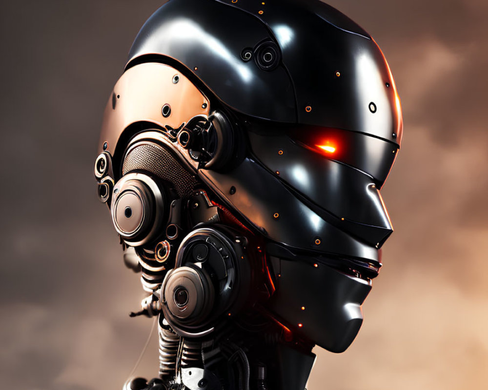Detailed Robot Head with Black Exterior and Red Eye on Warm Background