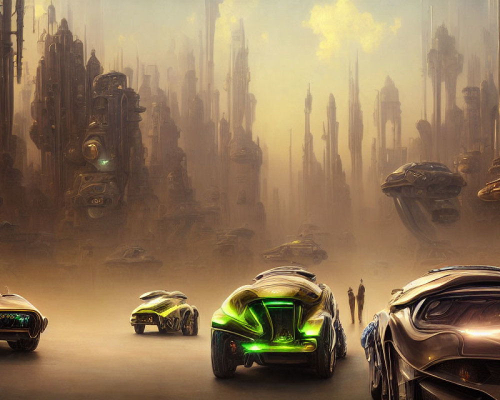 Futuristic cityscape with misty towering buildings and advanced vehicles.