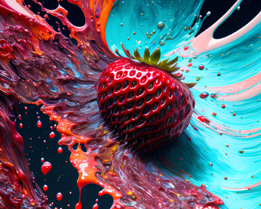 Ripe strawberry splashing in vibrant red, orange, and turquoise liquids