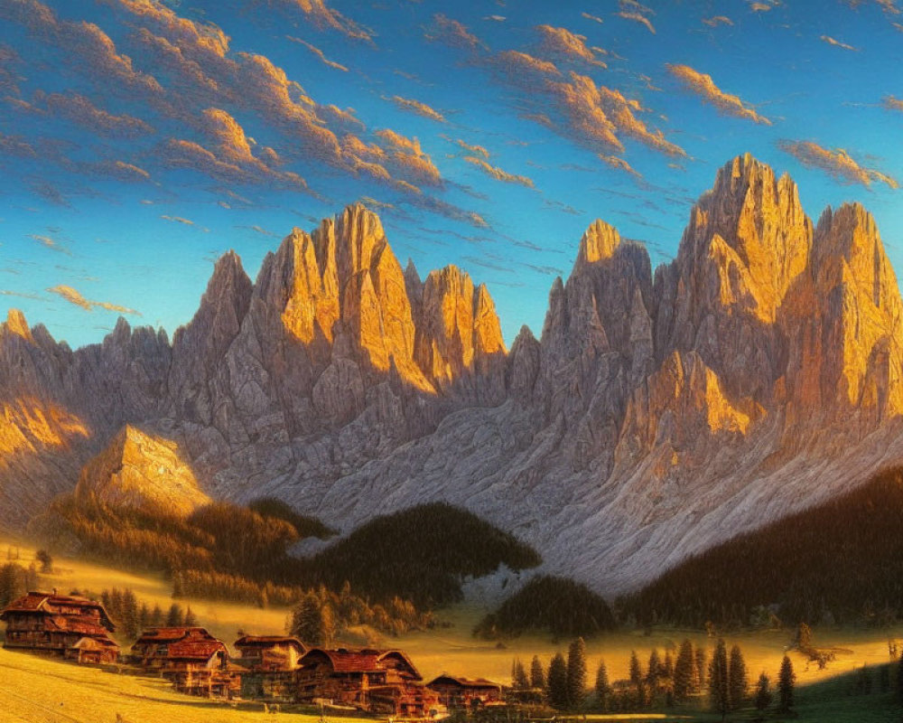 Scenic Alpine village with sunlit peaks and rustic houses