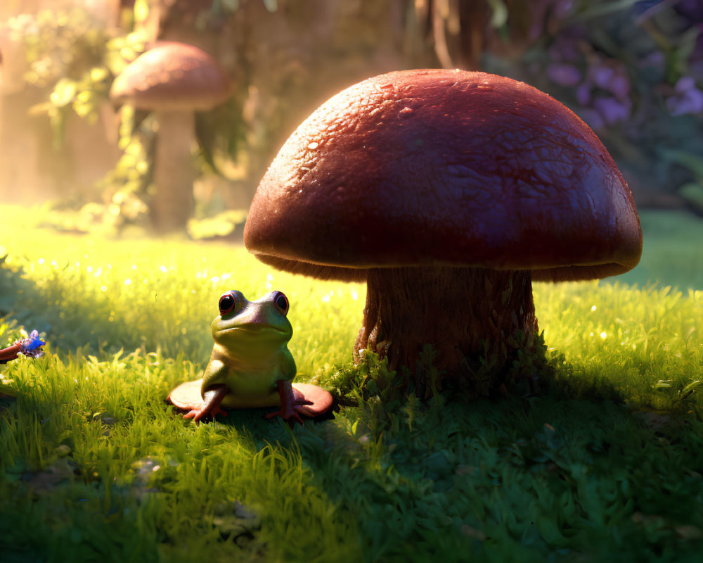 Green frog under large brown mushroom in sunlit forest clearing