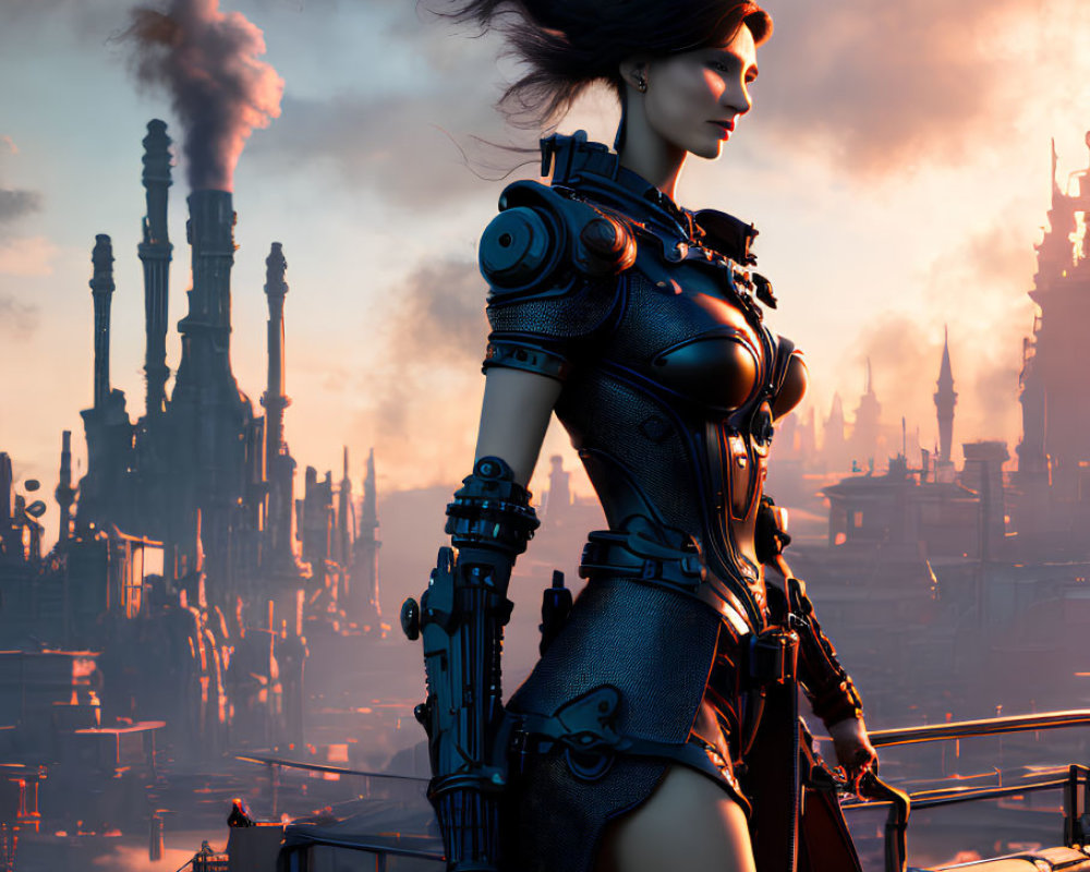 Female cyborg in futuristic armor against industrial cityscape at sunset