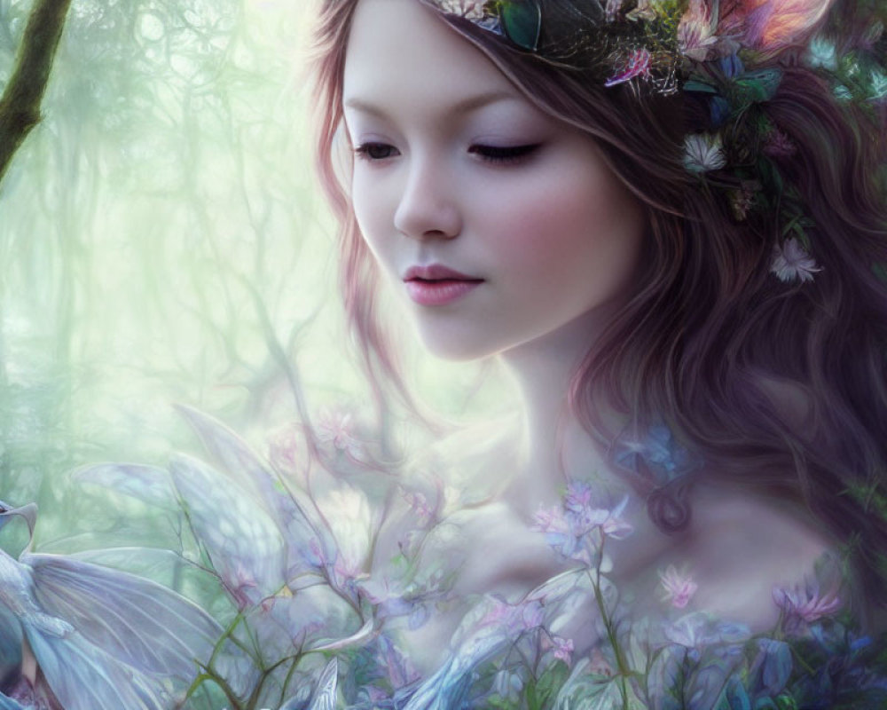 Fantasy illustration of woman with floral wreath in foggy forest