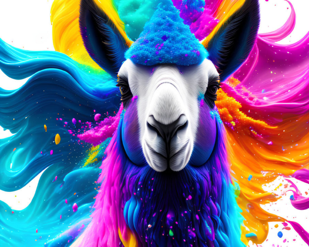 Colorful llama digital artwork with dynamic explosion of bright shades.