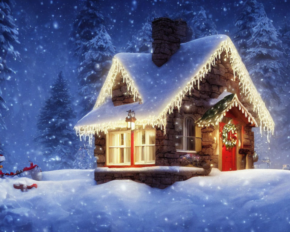 Snow-covered cottage with festive decorations in snowy forest at night