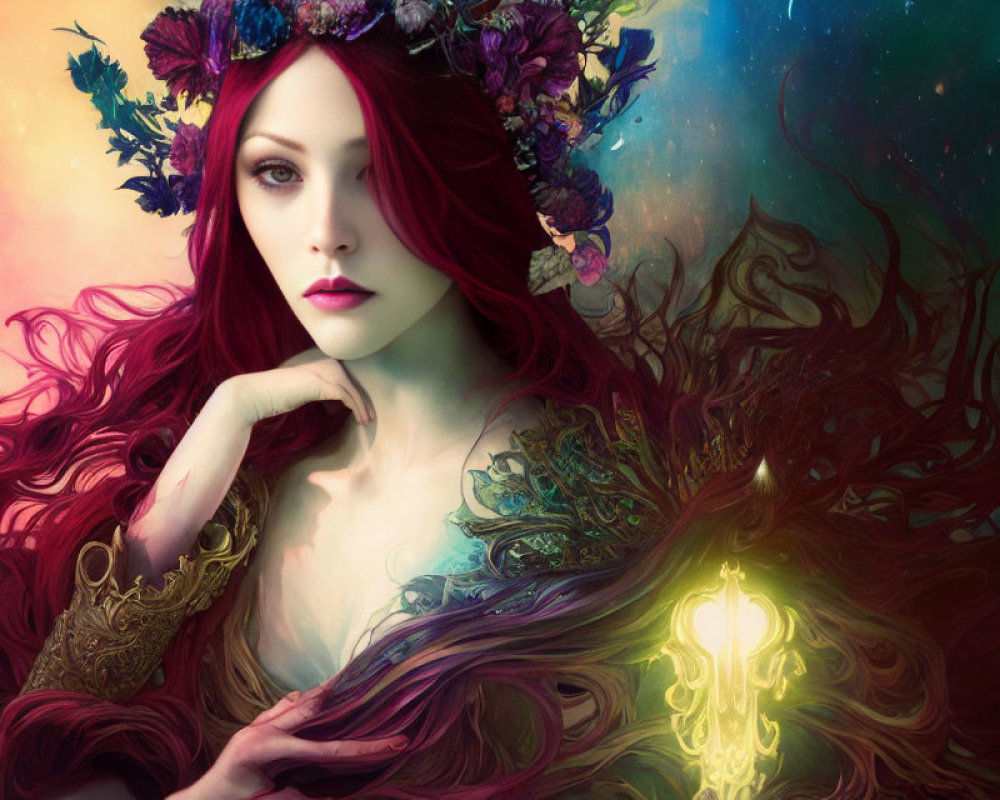 Fantasy artwork of woman with red hair and floral crown holding glowing key