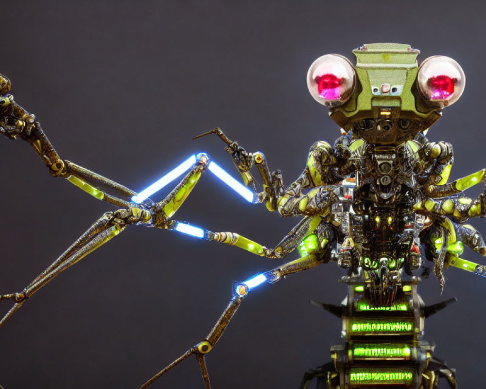 Detailed Mechanical Insectoid Figure with Glowing Joints and Red-Eyed Goggles