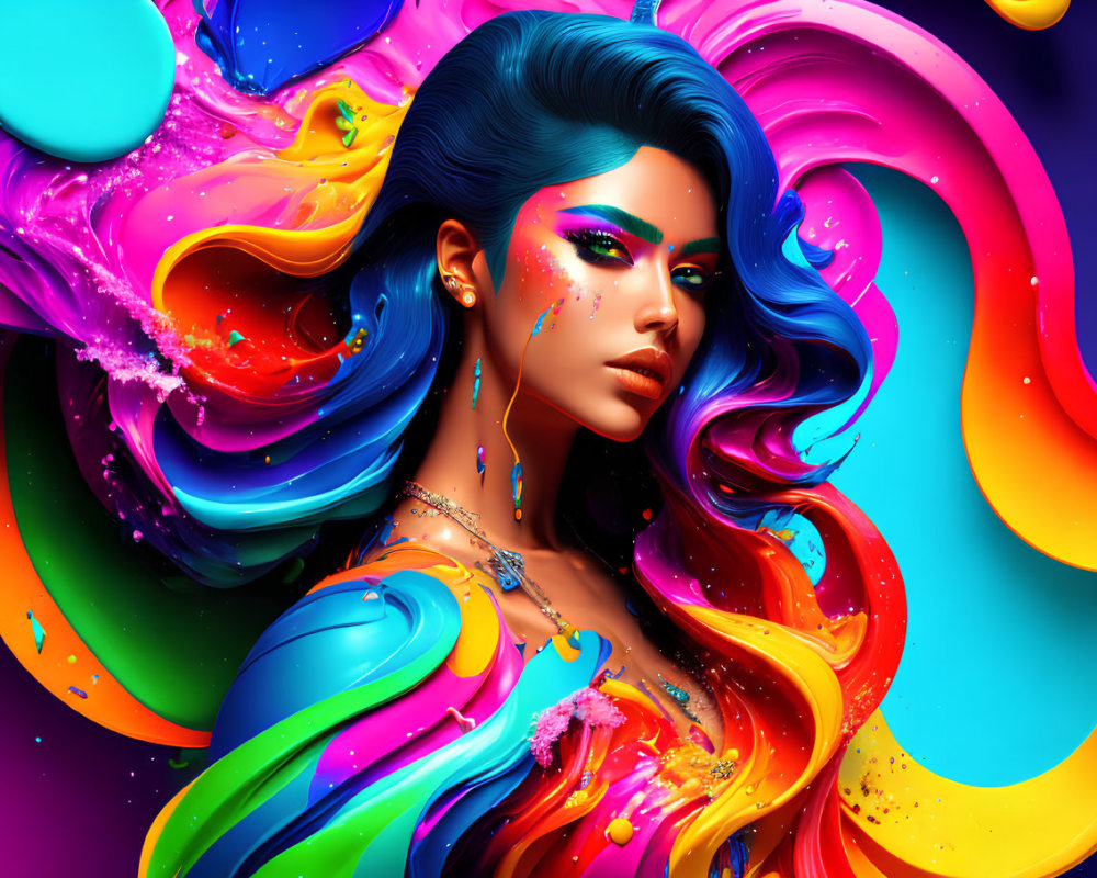 Colorful digital art portrait of a woman with blue hair and vibrant makeup surrounded by swirling multicolored