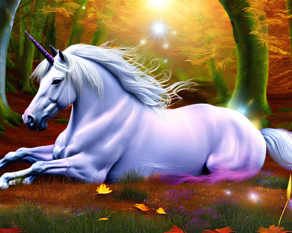 White Unicorn with Purple Horn Resting in Sunlit Autumn Forest