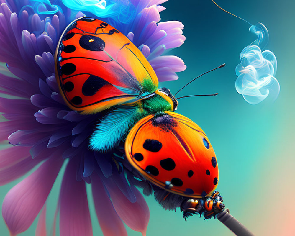 Colorful digital artwork: Ladybug with butterfly wings on a flower with whimsical smoke.