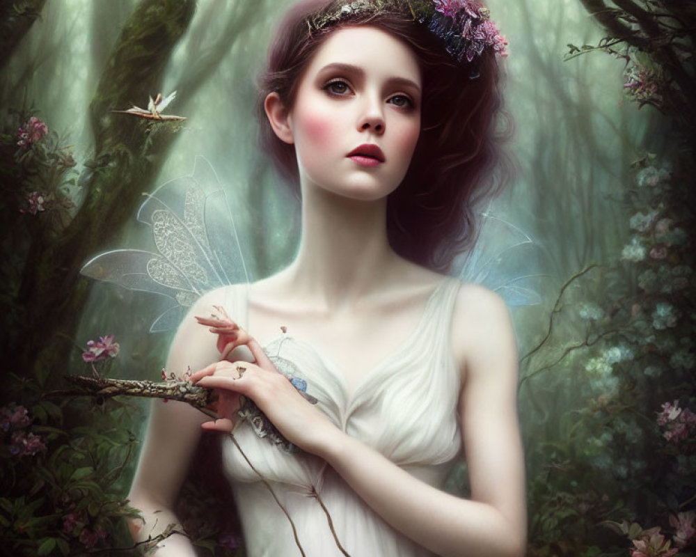 Fantasy portrait of a fairy with translucent wings in misty forest