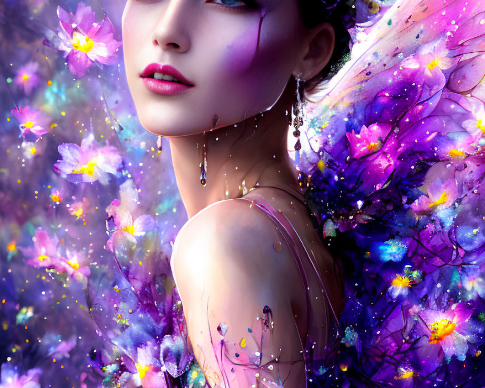 Violet butterfly-winged woman surrounded by vibrant flowers