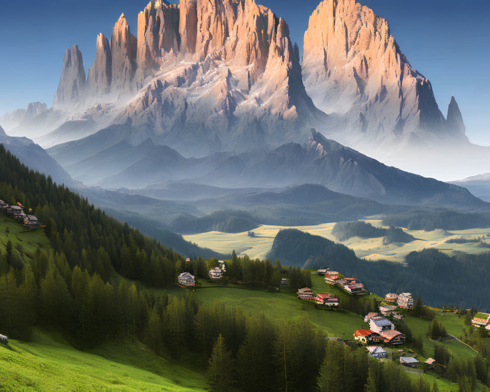 Scenic Alpine Valley with Meadows and Mountain Peaks at Dawn