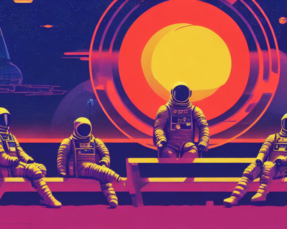 Astronauts observing sun-like sphere with spaceships and stars