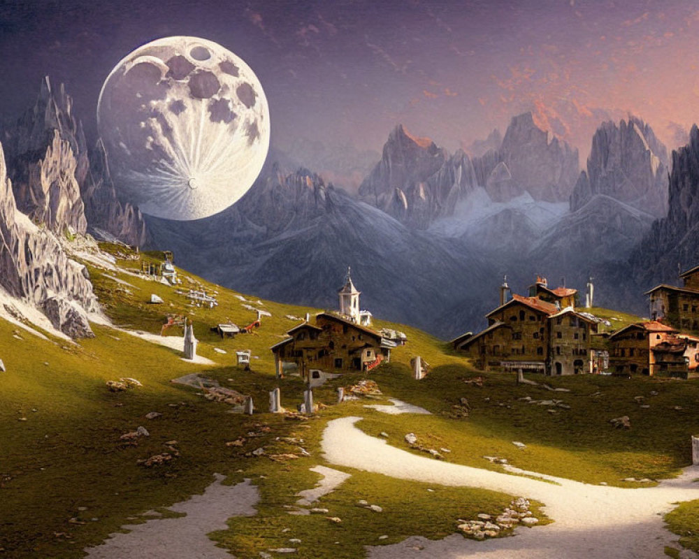 Scenic mountain village at dusk with large moon, rustic houses, and winding path.