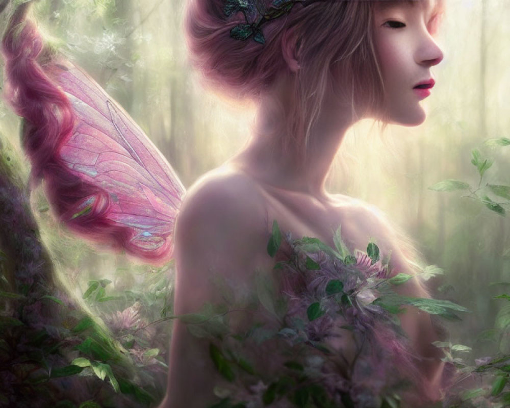 Serene fairy with pink wings in mystical forest with soft light