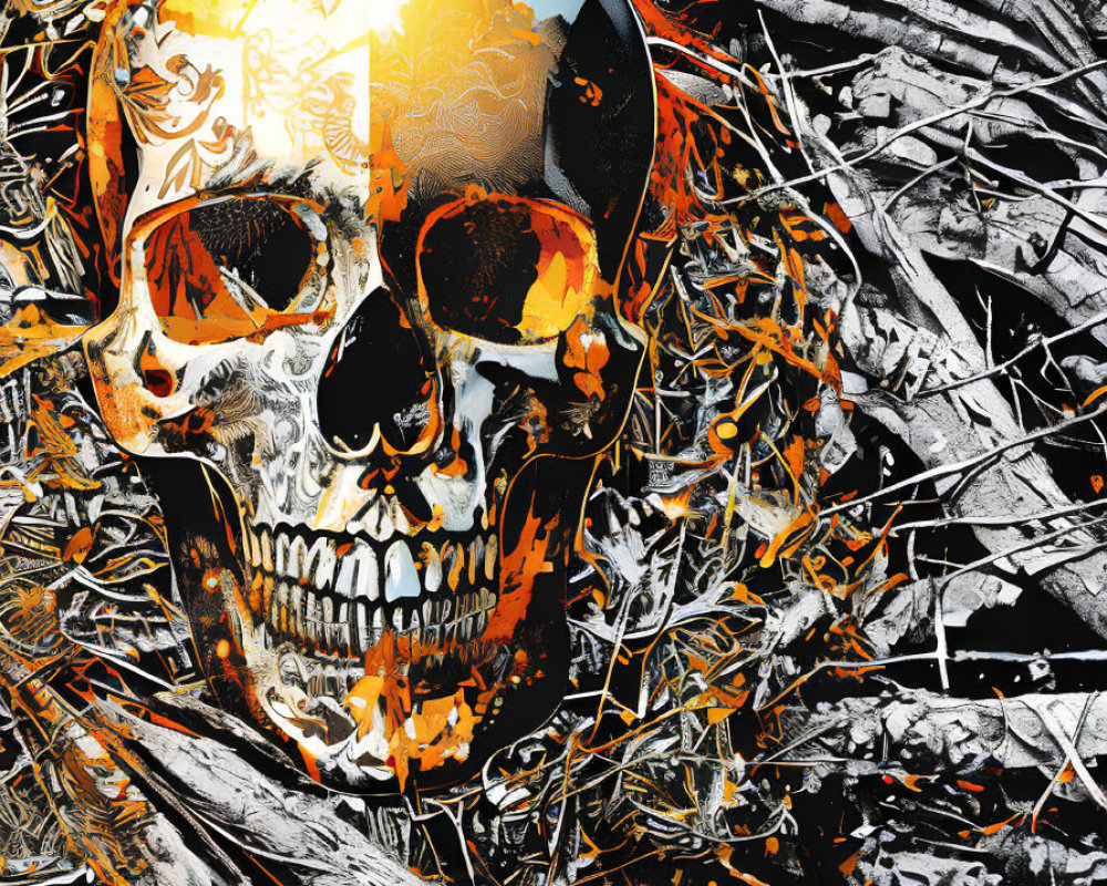 Colorful floral skull on black and white abstract background