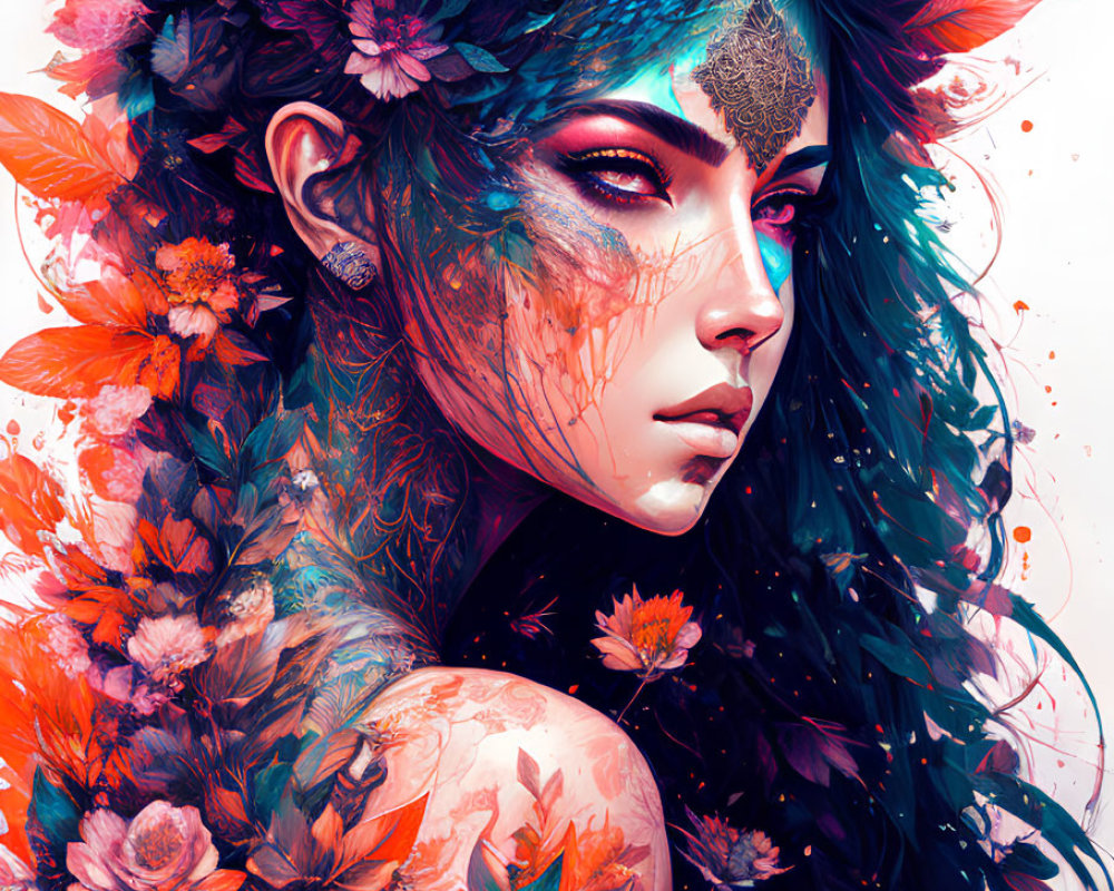 Colorful woman illustration with blue hair and floral patterns