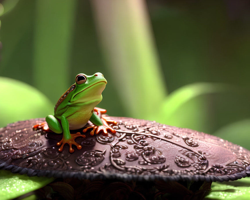 Green frog on embossed bronze button in lush leaf setting