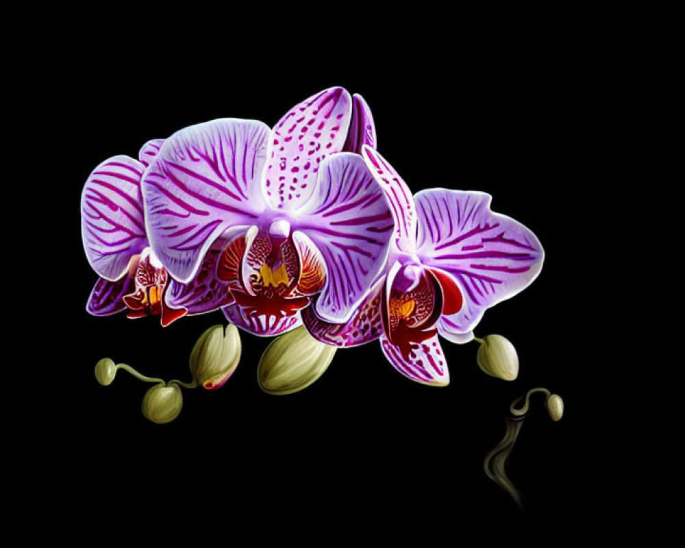 Vibrant purple and white striped orchid flowers on black background