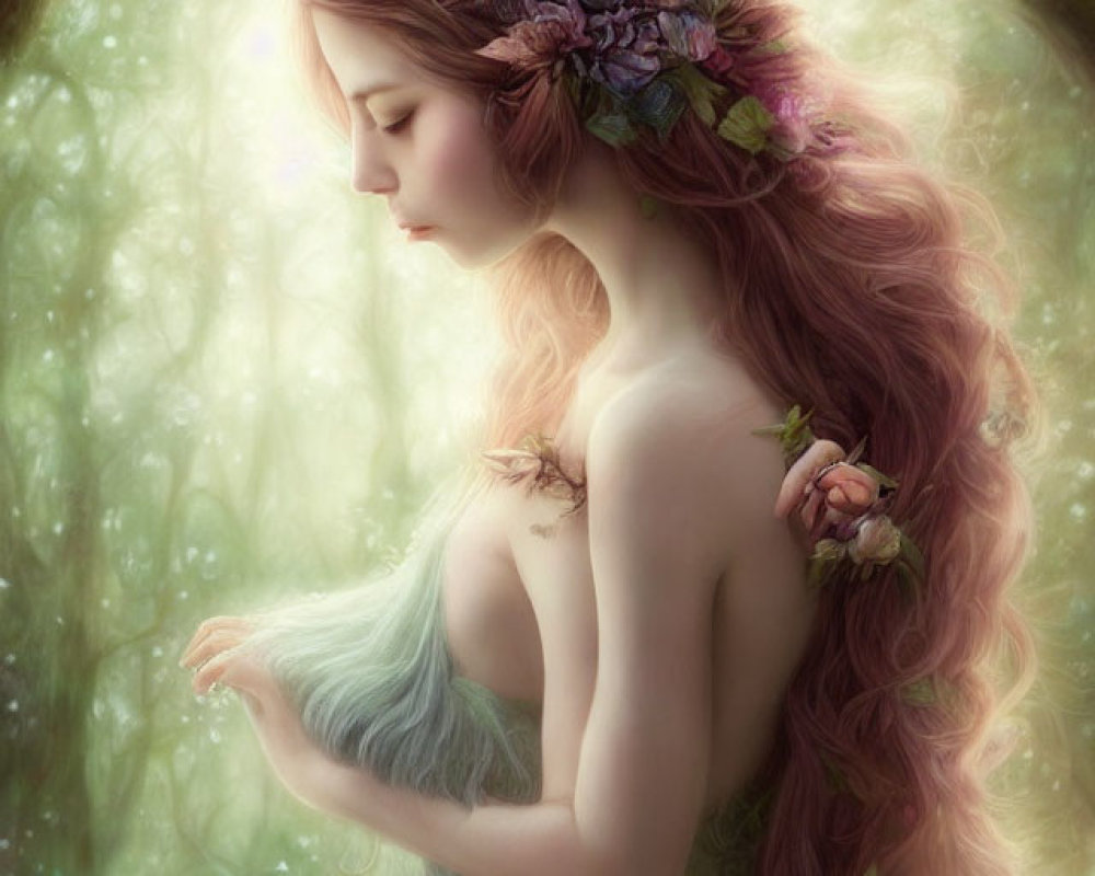 Woman with Pink Hair in Mystical Forest with Butterfly