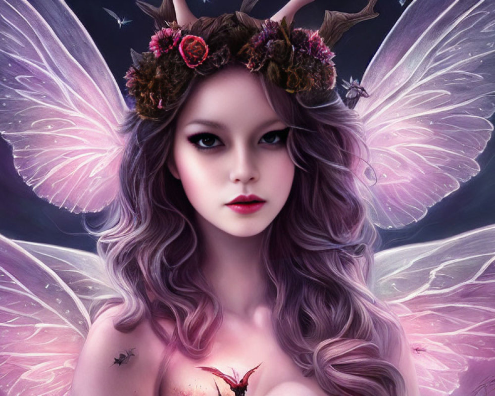 Fantasy illustration of female figure with butterfly wings and floral crown