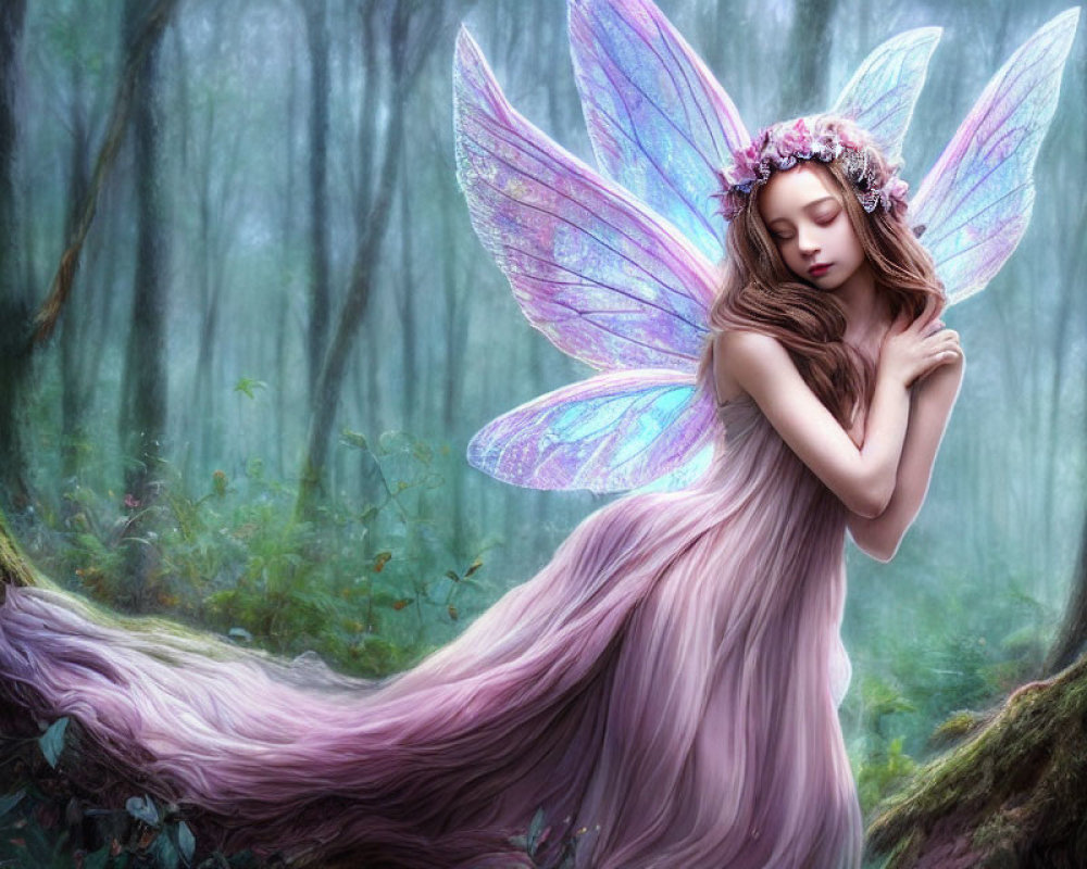 Fantasy depiction of a fairy in misty forest with iridescent wings