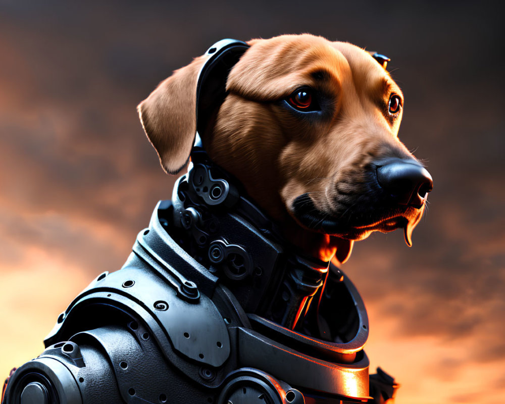 Futuristic armored dog under orange sky