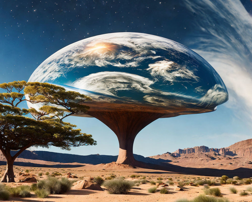 Surreal landscape featuring giant tree holding Earth-like planet under starlit sky