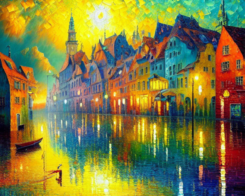 Colorful Sunset Painting of Old European Town by Water