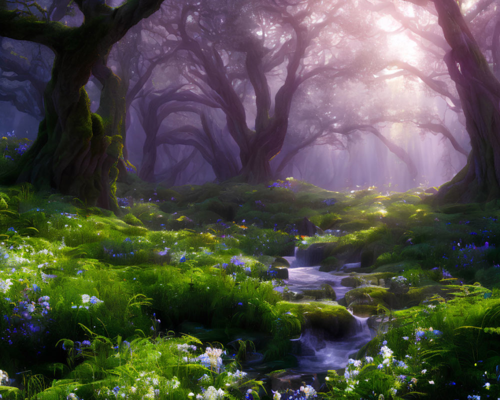 Sunlit enchanted forest with twisted trees, stream, greenery, and flowers