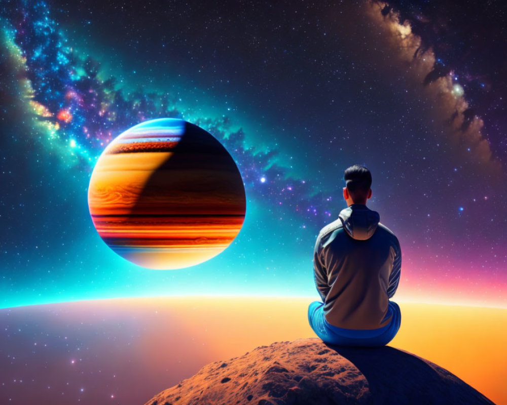 Person sitting on rocky terrain gazes at large planet in vibrant cosmic sky.