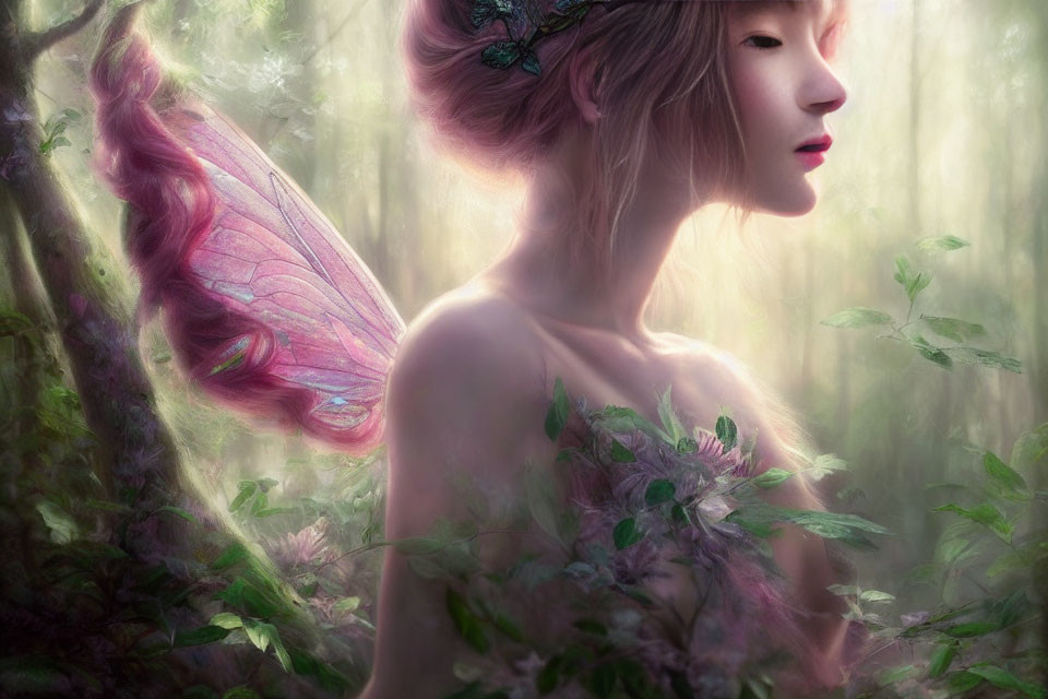 Serene fairy with pink wings in mystical forest with soft light