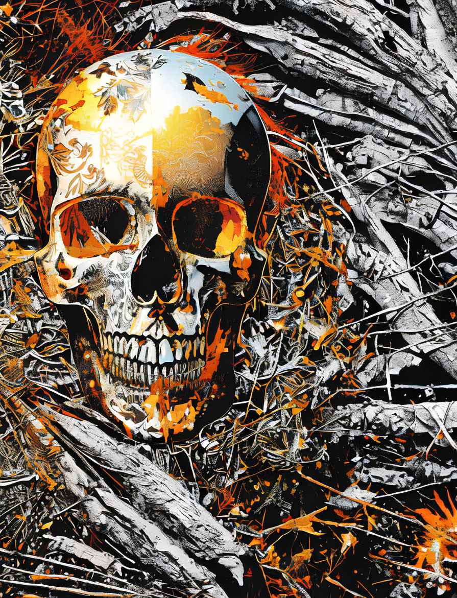 Colorful floral skull on black and white abstract background