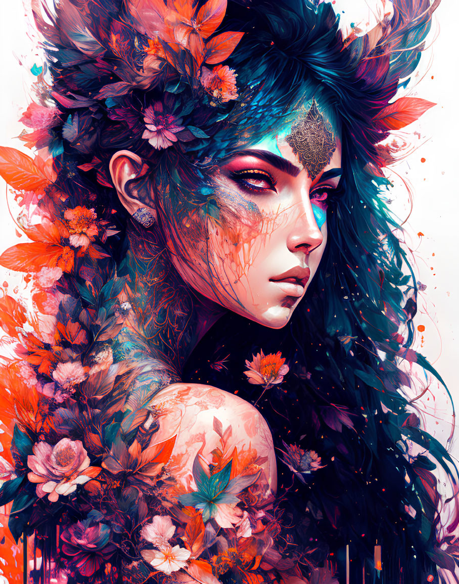 Colorful woman illustration with blue hair and floral patterns