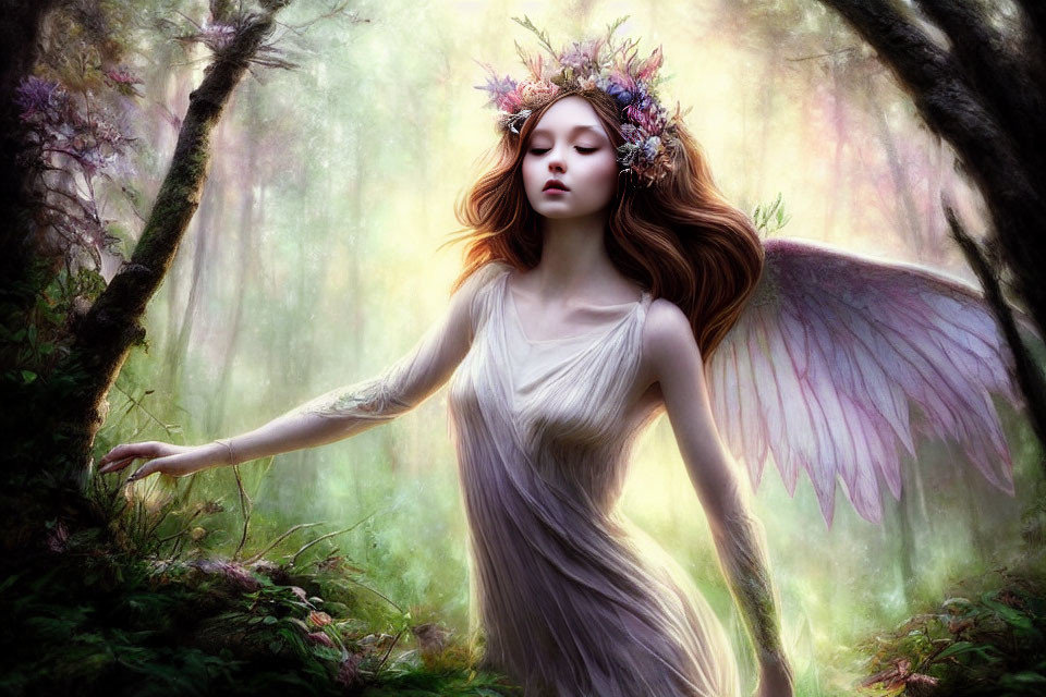 Fantastical female figure with wings in ethereal forest scenery