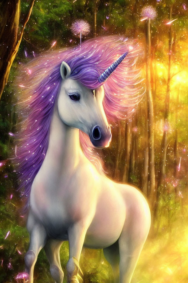 Purple-maned unicorn with spiraling horn in sunlit forest clearing.