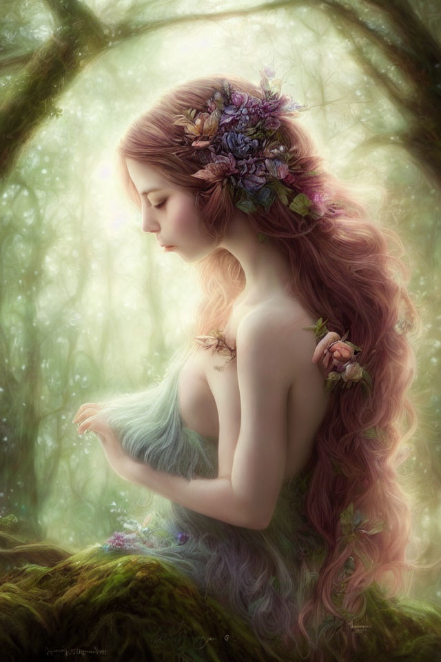 Woman with Pink Hair in Mystical Forest with Butterfly