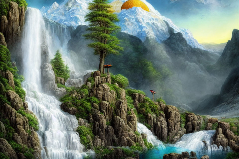 Scenic landscape with waterfalls, lake, and mountains