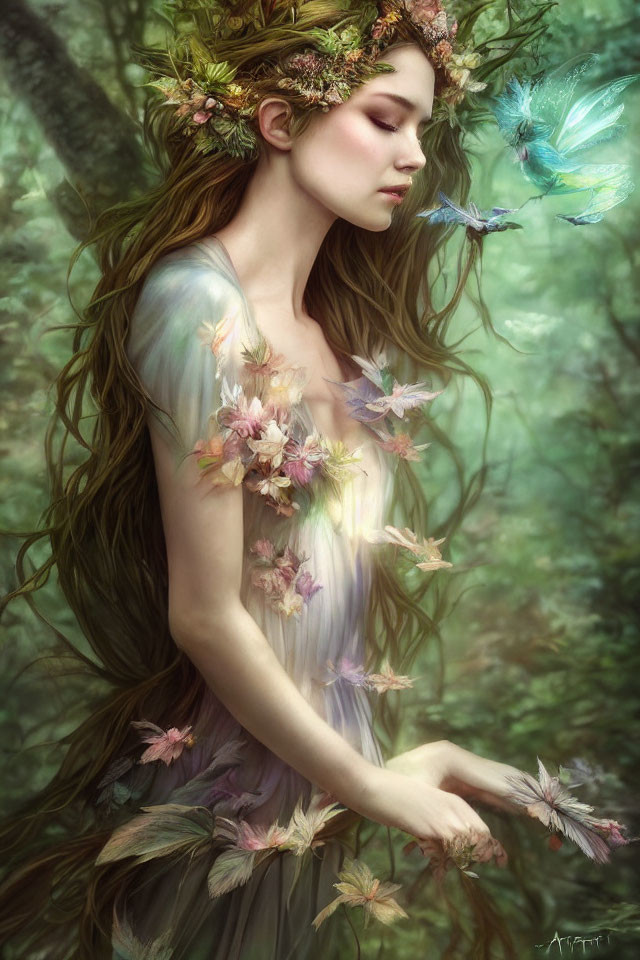 Woman in floral crown surrounded by butterflies in mystical forest