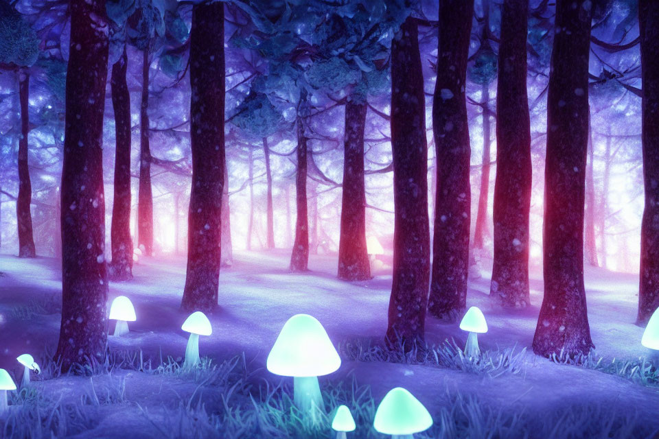 Purple-tinged forest with glowing mushrooms and misty light