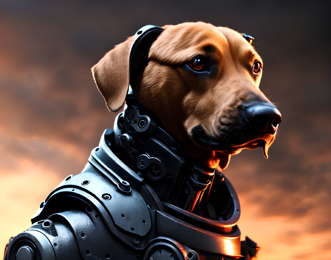 Futuristic armored dog under orange sky