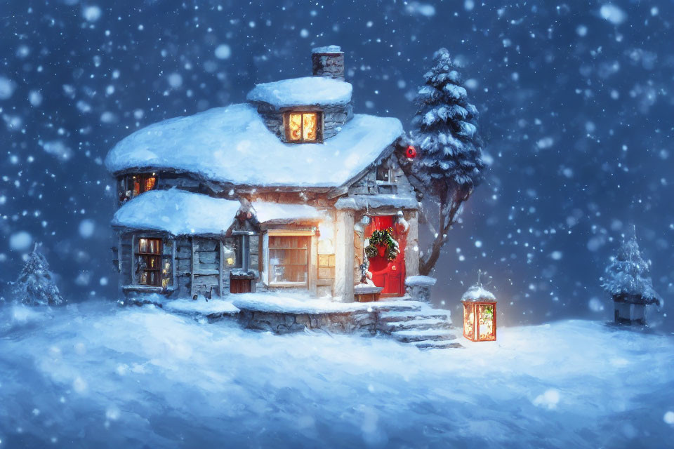 Snow-covered cottage with glowing windows and lantern in serene snowy night