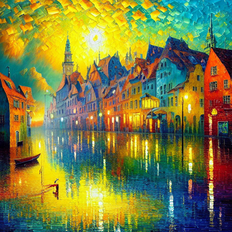 Colorful Sunset Painting of Old European Town by Water