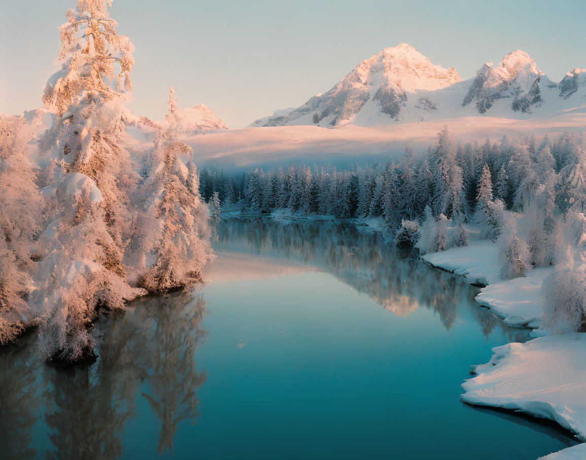 Snow-covered trees, reflective river, majestic mountain in serene winter scene