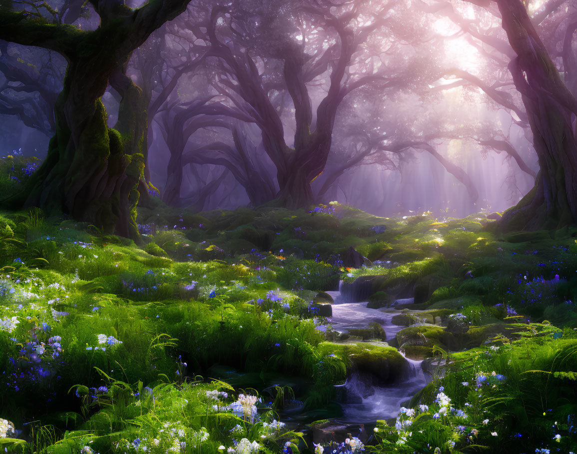 Sunlit enchanted forest with twisted trees, stream, greenery, and flowers