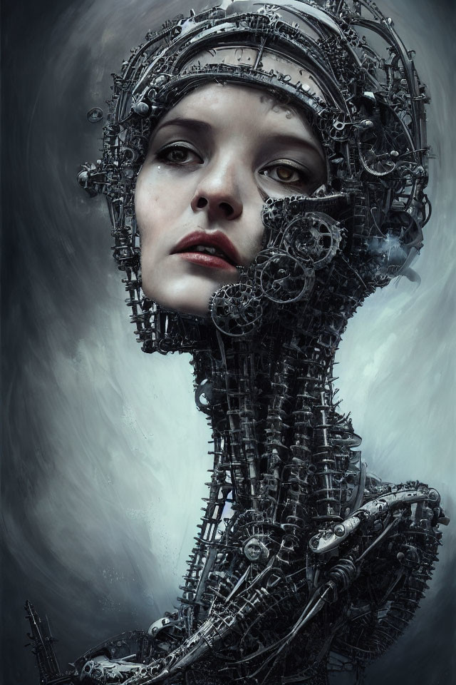 Robotic woman with gears and mechanical parts on gray background